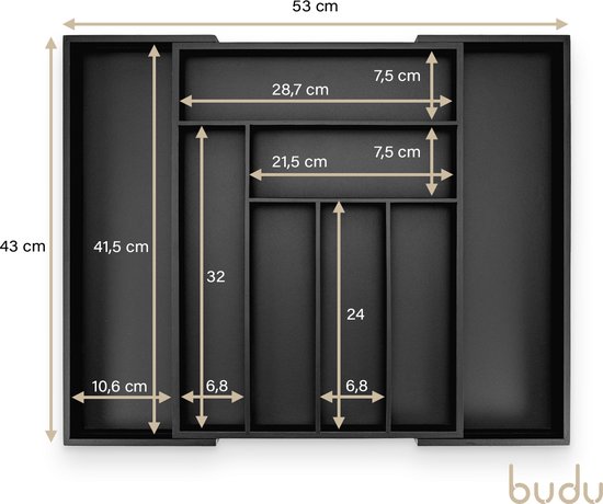 Bestekbak extensible Budu #43 en Bamboe (43 cm de profondeur) - Zwart - Cassette à couverts en bois - Range-couverts - 43 x 32,2 - 53 cm - 6/8 compartiments