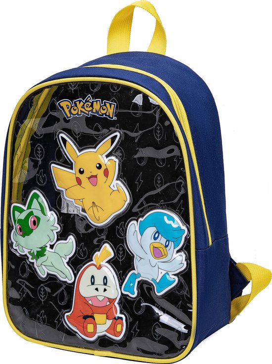 Donkerblauwe rugzak met gele accenten en een doorzichtige voorkant met de Pokémon-personages Pikachu, Sprigatito, Fuecoco en Quaxly.