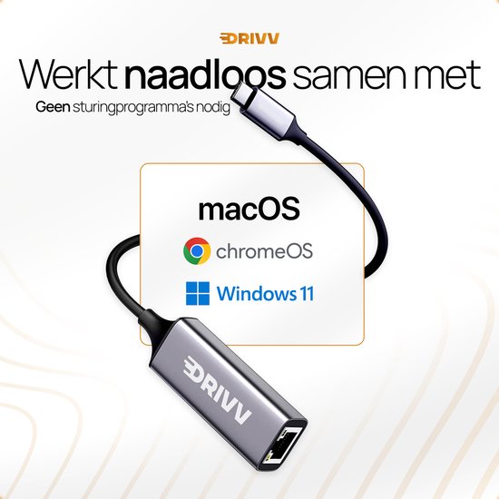 Grijze DRIVV adapter met USB-C naar Ethernet, compatibel met macOS, ChromeOS en Windows 11.