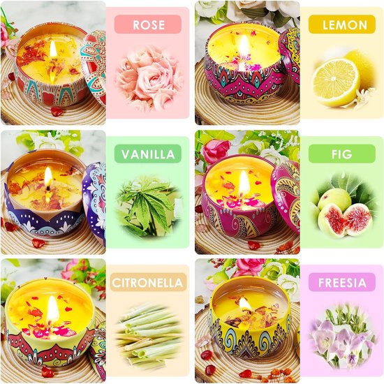Sterke geurkaarsen cadeauset met 6 geuren voor thuis en vrouwen, aromatherapie soja wax glazen pot kaars 6 Pack
