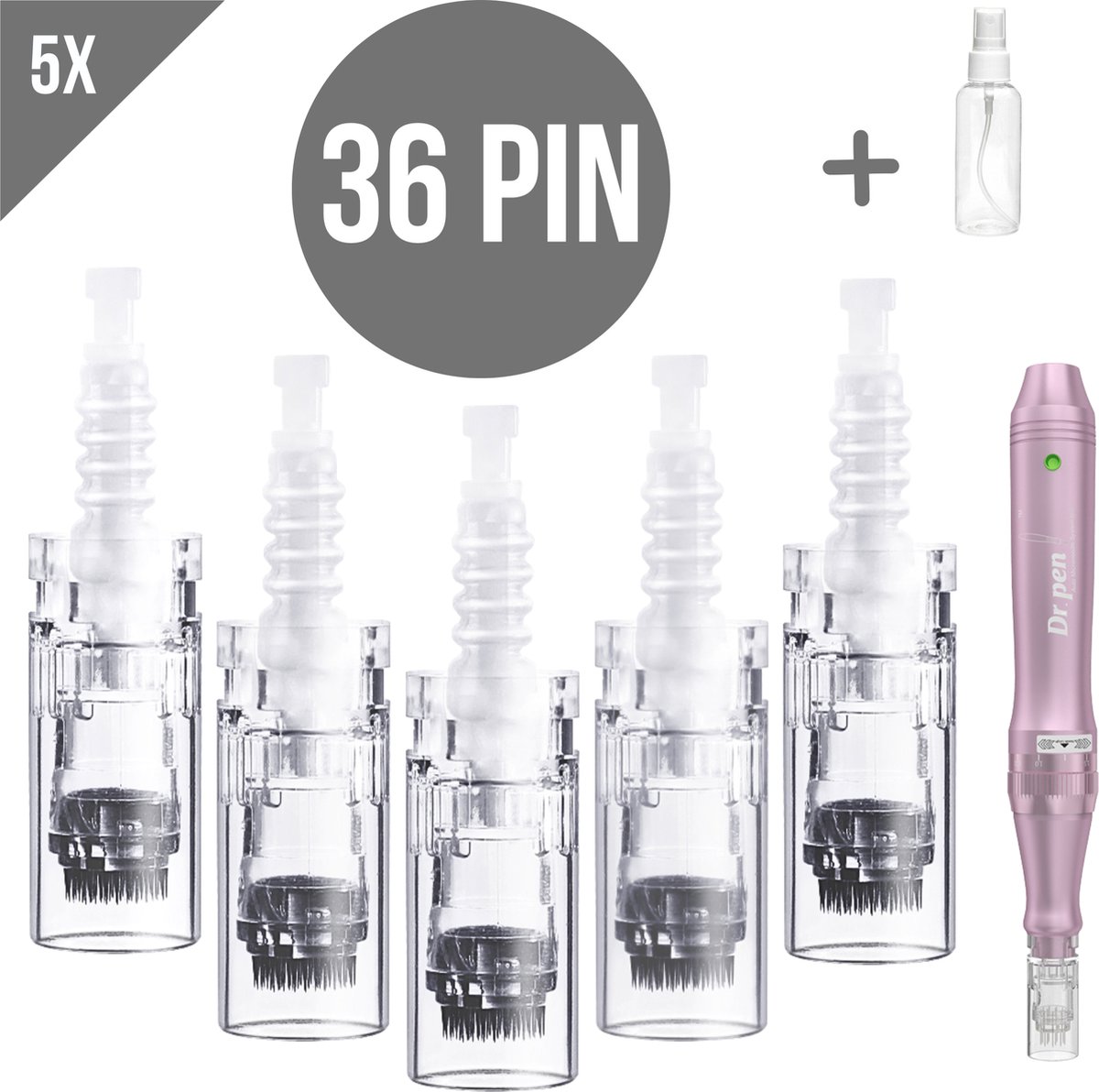Dermapen naalden 36 pin - Microneedling cartidges - Mesotherapie - Vervangende naaldkoppen - Opzetstuk dermapen - Anti-aging - Huidverzorging - Geschikt voor Dr.Pen A6/A1/E30/M5/M7/N2/MyM - 5 stuks + Sprayflesje 50 ml per bestelling