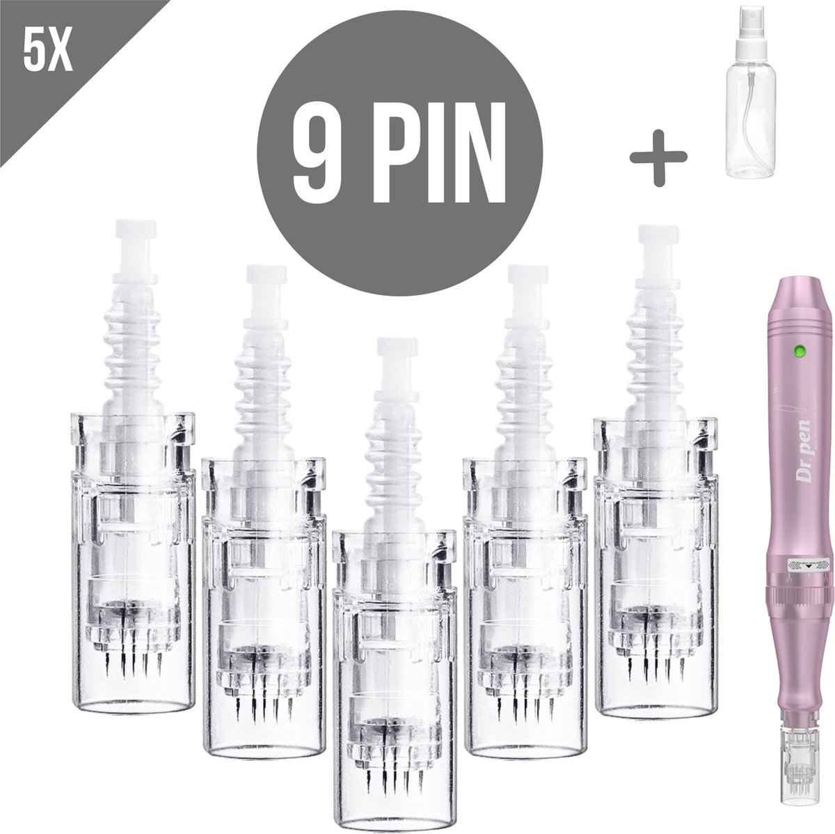 Dermapen naalden 9 pin - Microneedling cartidges - Vervangende naaldkoppen - Opzetstuk dermapen - Anti-aging - Huidverzorging - Geschikt voor Dr.Pen A6/A1/E30/M5/M7/N2/MyM - 5 stuks + Sprayflesje 50 ml per bestelling