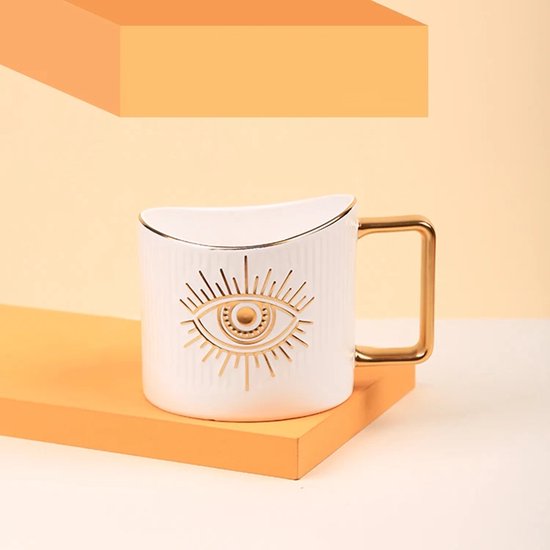 Luxe Koffiemok Gegraveerde Goud Turkse Oog - Keramische Mok - Engraved Gold Evil Eye Mug - Wit