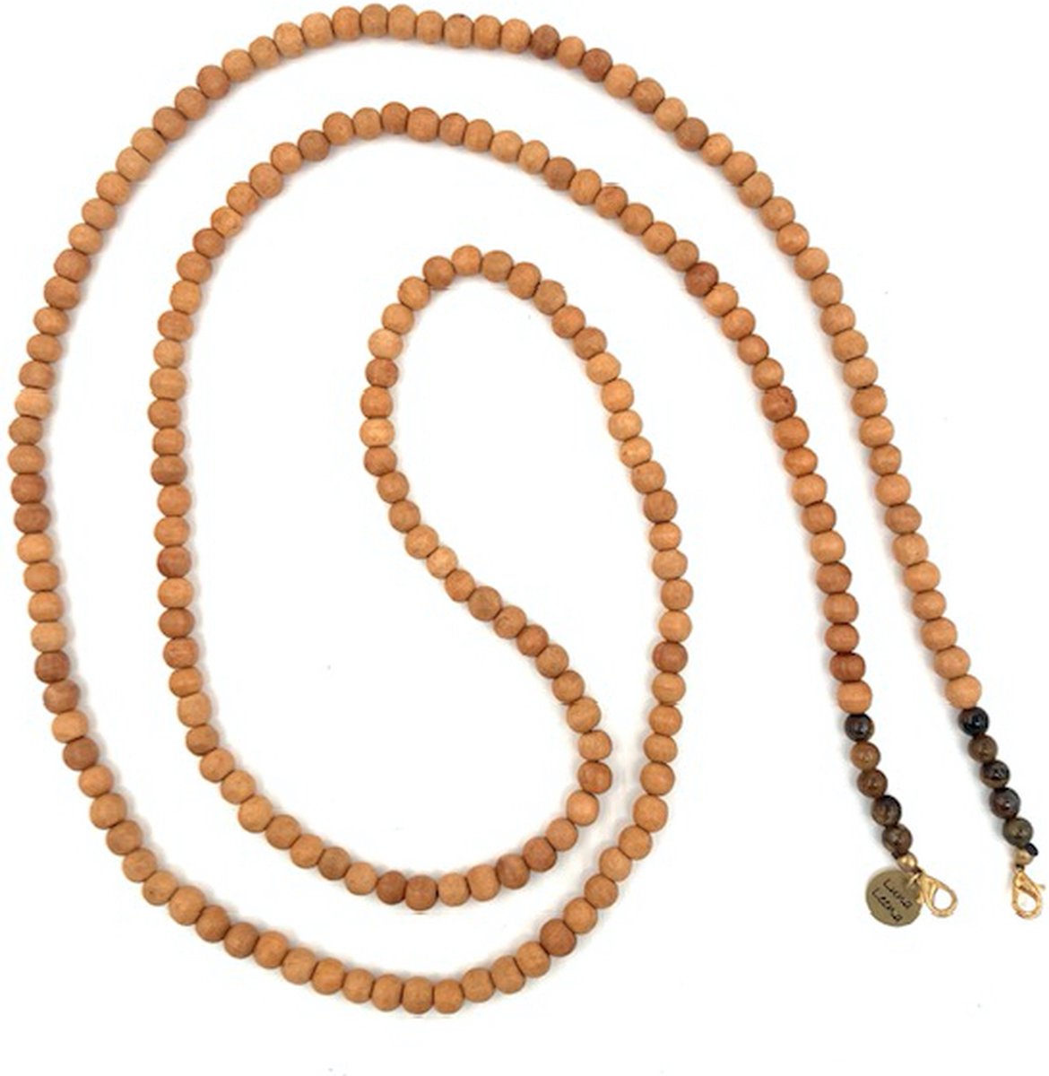Luna-Leena duurzame telefoonkoord van natural houten kralen met tijgerogen kralen accent + smalle haakjes - L140cm - handgemaakt in Nepal - wooden phonecord - cadeau - telefoon accessoire - verjaardag - sieraad - zomerhit - cord phone