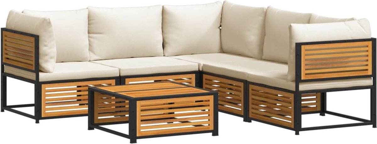 vidaXL 6-delige - Loungeset - met - kussens - massief - acaciahout crèmewit