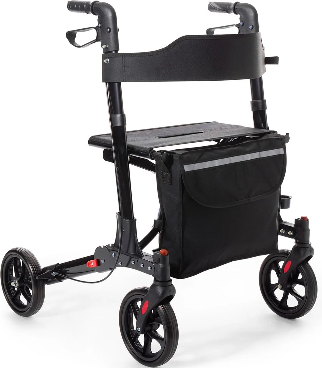 Goedkoopste Rollator Plaza Lite Comfort - Lichtgewicht - Dubbel opvouwbaar - Soft banden - Zwart - Dubbele remfunctie - Weegt slechts 6,9 kg - Past in elke auto - Inclusief boodschappentas, stokhouder en rugband