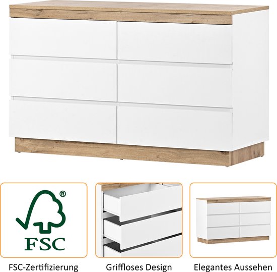 Sweiko Commode à 6 tiroirs, coffre-fort, Fonction de rangement, pour Chambre et salon, Aggloméré E1, Wit et chêne