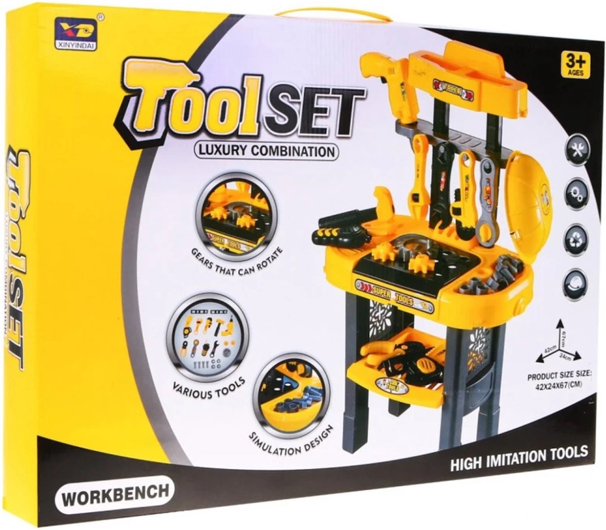 Playos® - Speelgoedwerkbank - Geel / Grijs - met Helm en Boormachine - inclusief Gereedschap - Klussen - Rollenspel Speelgoed - Educatief Speelgoed - Speelgoed Gereedschap - Werktafel - Werkbank -Bouwset — afbeelding 4