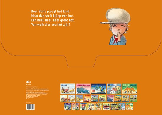 Een kinderboek met een jongen in een pet, die een boek vasthoudt met de tekst 'Boer Boris ploegt het land'.