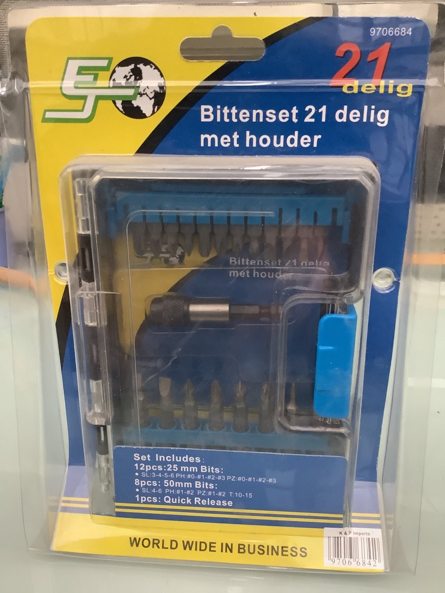 schroefbitset met snelle houder. 21dlg. wvsa. kruiskop, gleufkop. torx.