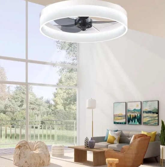 LED Ventilator Lamp - Plafondventilator - 360° Rotatie - Wit - Dimmer - 6 Standen - 48 cm - Woonkamerlamp - Moderne lamp