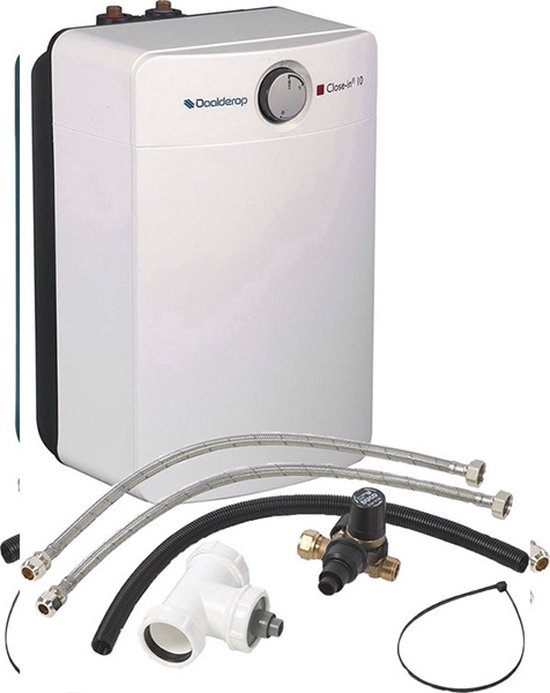 Witte Daalderop Close-in 10 liter boiler met aansluitset, bestaande uit slangen, een T-stuk en een druppelstroomregelaar.