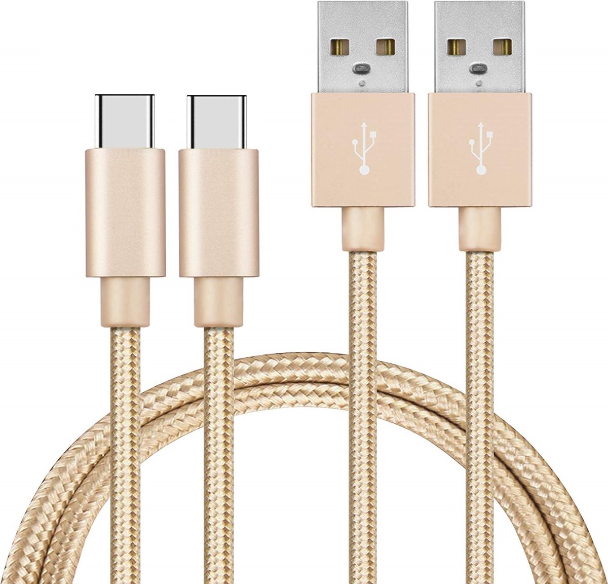 2x USB C naar USB A Nylon Gevlochten Kabel Goud - 1 meter - Oplaadkabel voor OnePlus 10 Pro / OnePlus 9 / OnePlus 9 Pro / OnePlus 8 / OnePlus 8T / OnePlus 7T