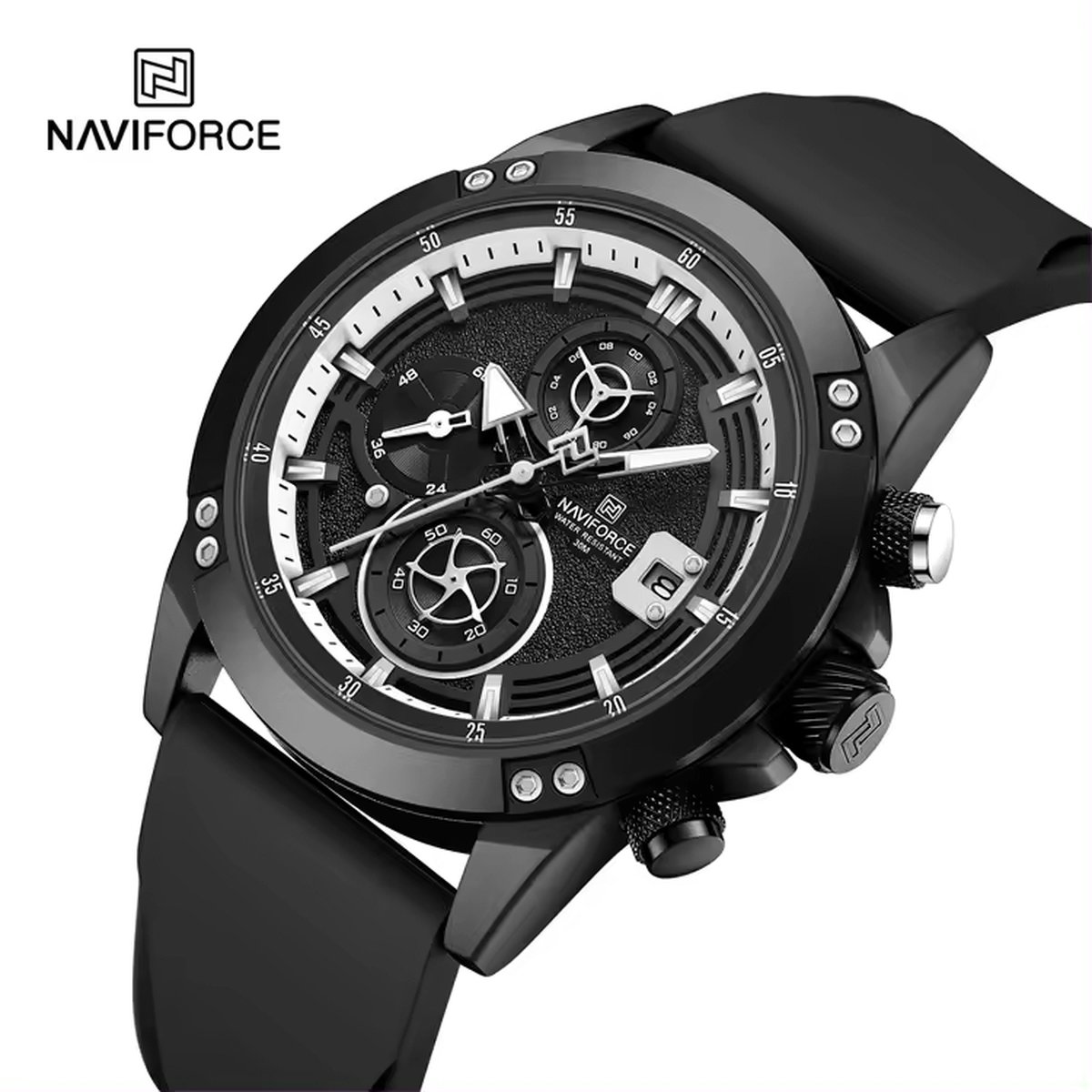 NAVIFORCE horloge voor mannen, met zwarte gefumeerde silica polsband, zwarte uurwerkkast en zwarte wijzerplaat ( model 8033 BWB ), verpakt in mooie geschenkdoos