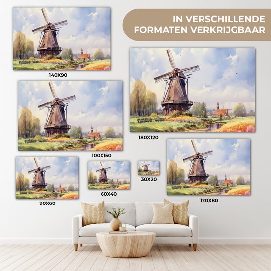 Canvas schilderij 140x90 cm - Wanddecoratie Molen - Nederland - Kunst - Landschap - Nederland - Muurdecoratie woonkamer - Slaapkamer decoratie - Kamer accessoires - Schilderijen