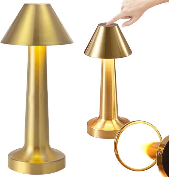 Tafellamp op batterijen - Oplaadbaar en dimbaar - Touch bediening - Moderne touch lamp - Nachtlamp draadloos - Nachtlamp oplaadbaar - Goud