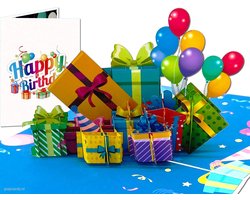 Popcards pop-up kaarten – Happy Birthday Verjaardagskaart met Cadeautjes en Ballonnen, Felicitatie Verjaardag Cadeautjes Ballonnen Jarig 3D wenskaart