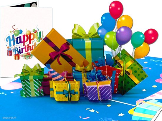 Foto: Popcards pop up kaarten happy birthday verjaardagskaart met cadeautjes en ballonnen felicitatie verjaardag cadeautjes ballonnen jarig 3d wenskaart