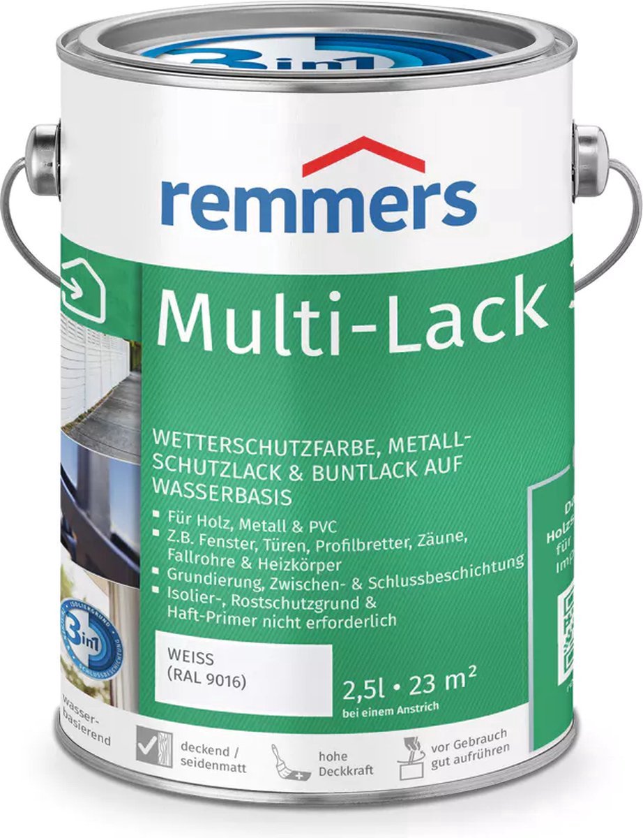 UNIVERSELE BESCHERMINGSLAK REMMERS MULTI-LAK 3IN1 WIT RAL 9016 5 L geschikt voor vrijwel elke ondergrond.