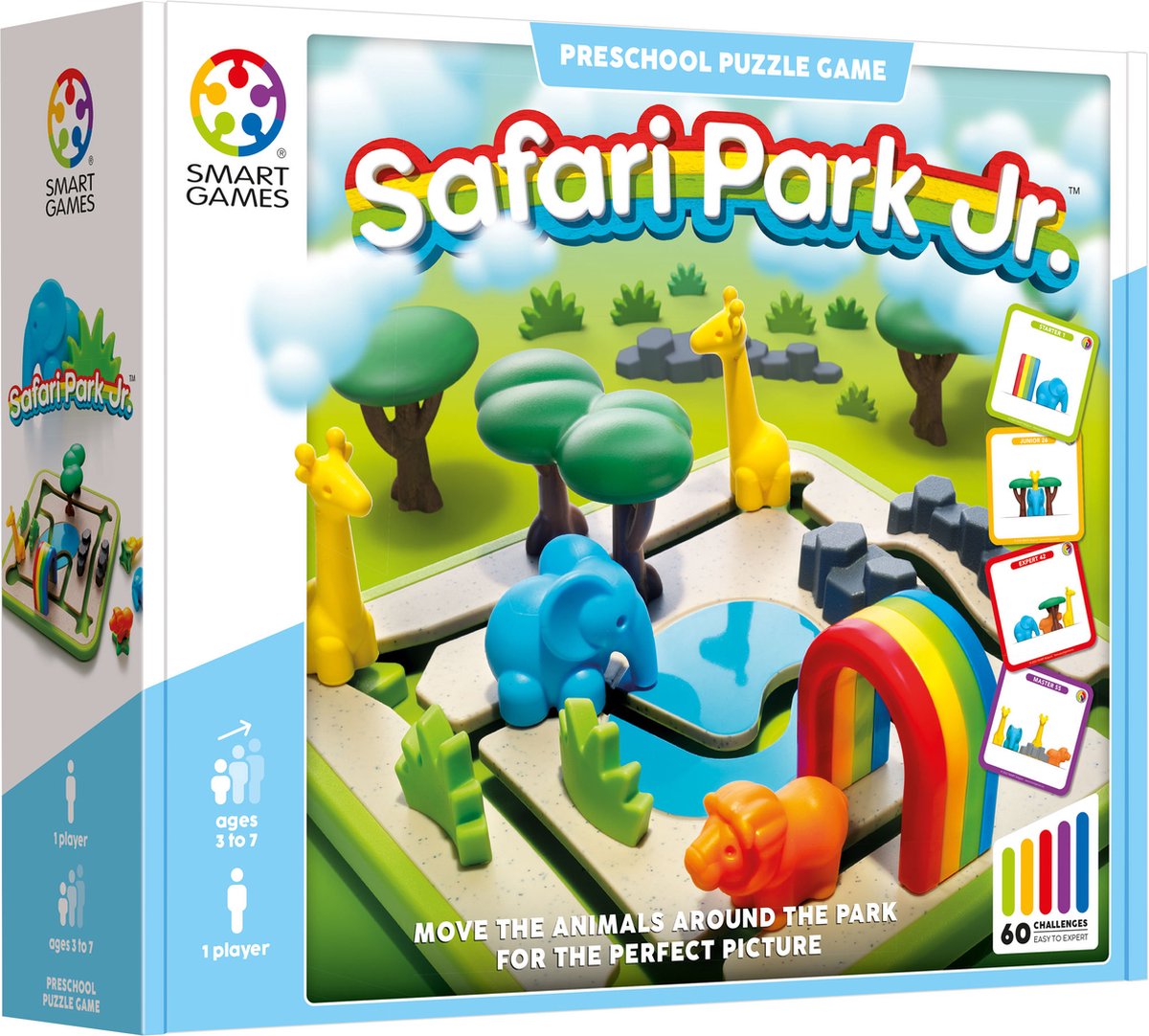 SmartGames - Safari Park Jr - 60 opdrachten - educatief spel voor kleuters - Olifant, Giraffen en Leeuw