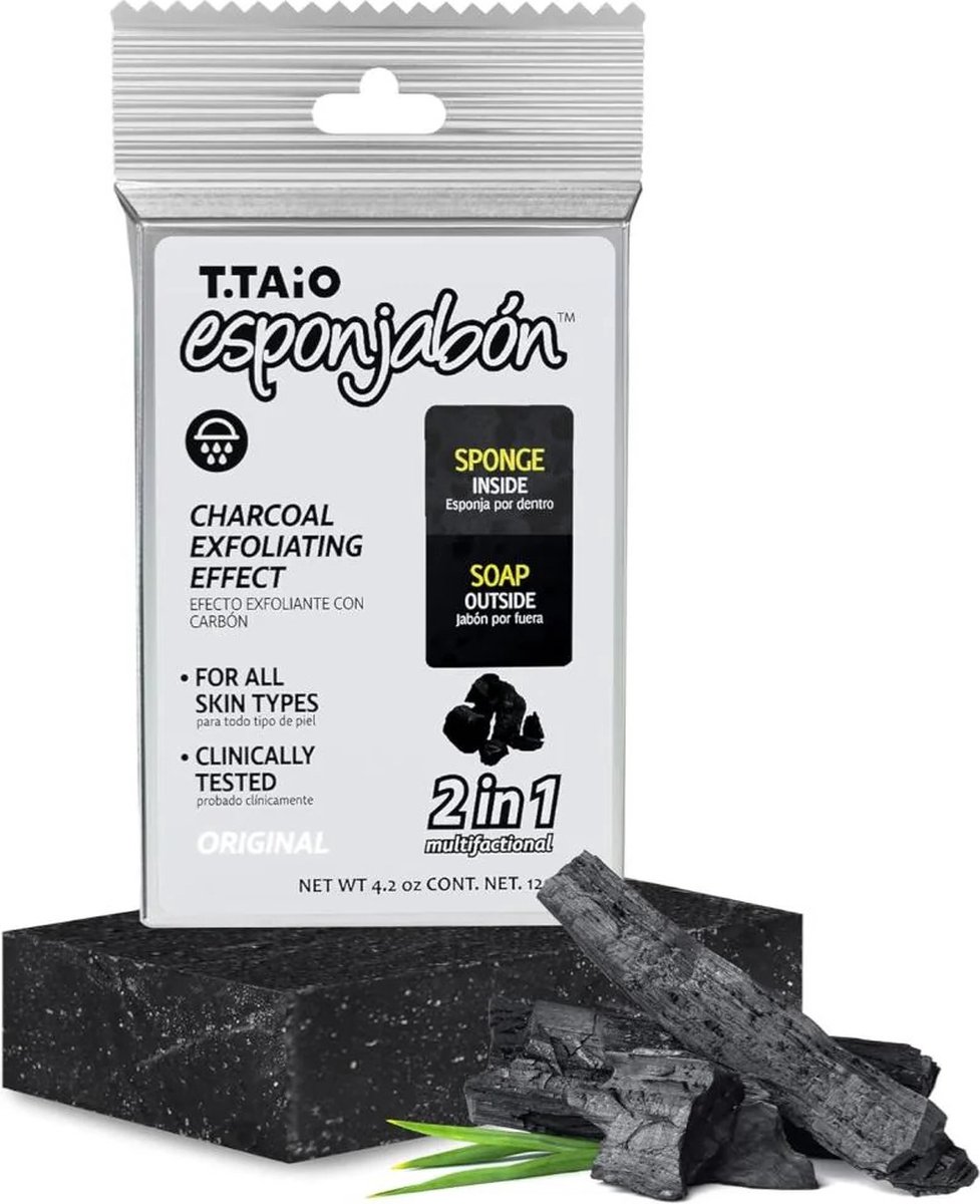 Goedkoopste T.taio Esponjabon - zeep en spons in 1 - zeepbar - zeep - charcoal purifying effect - houtskool zuiverend - 120 gram
