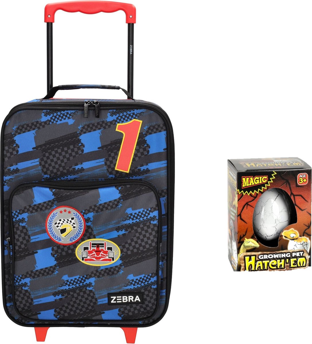 Zebra Koffer Trolley Formule 1 Racing Max - kinderkoffer - handbagage koffertje jongen + Dino Ei