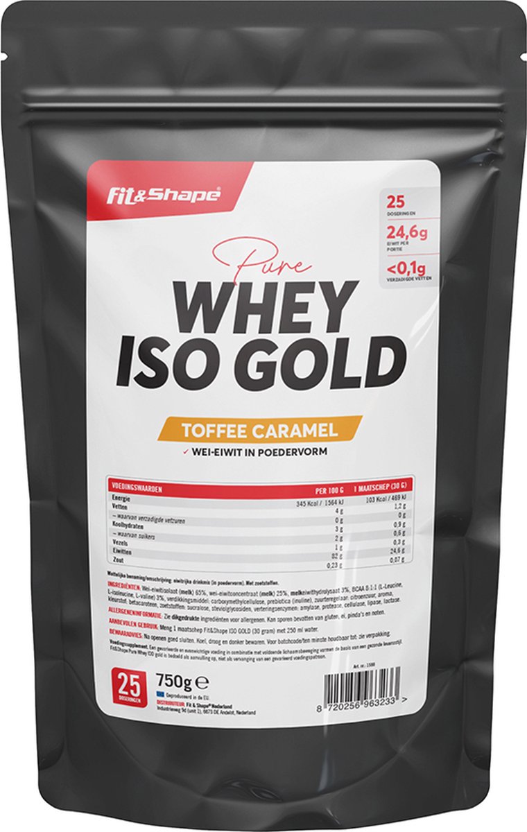 Goedkoopste Fit&Shape WHEY ISO GOLD-Smaak Toffee Caramel 750gram (wei-eiwit in poedervorm) 82 proteïne/eiwit percentage (inclusief maatschep
