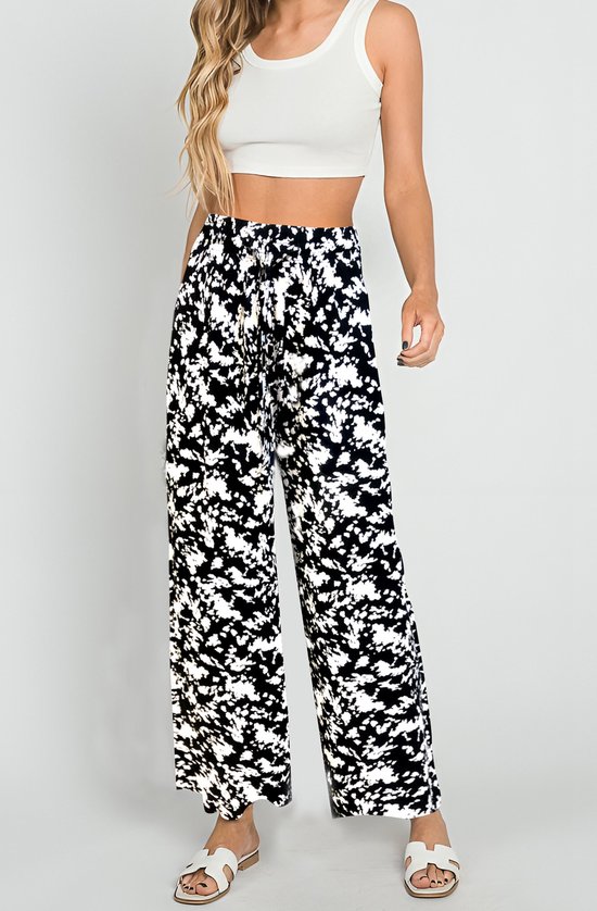 Dames Lange Culotte | Wijde Zomer Broeken | Wide-leg Trousers | Zwart-Wit | Maat L