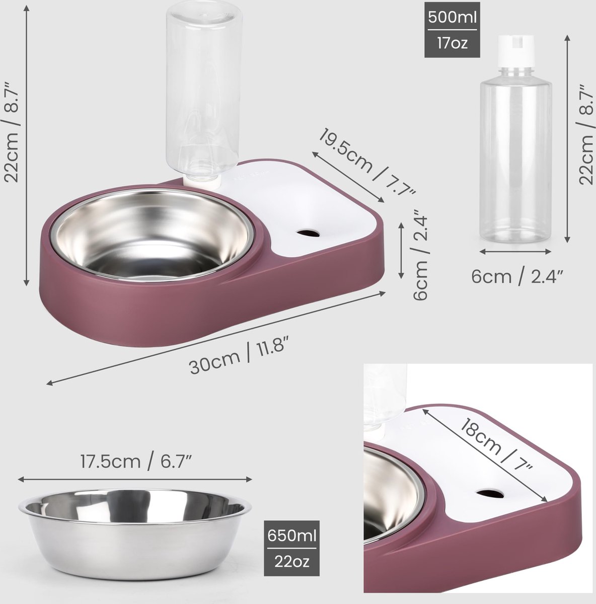 Afbeelding 3 van Belle Vous Brown Automatic Water Dispenser/Feeder Pet Food Bowl - 500ml/17oz Capacity - Plastic Gravity Pet Food Dispenser - Water/Food Bowl for Cats, Small/Medium/Large Dogs, Rabbits & Other Animals