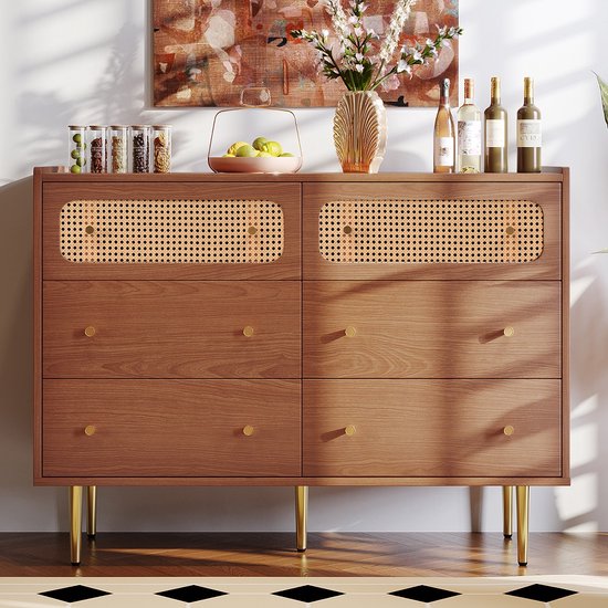 KOMHTOM Opbergkast, rotan sideboard met twee deuren en twee laden, moderne retro commode, multifunctionele kast voor woonkamer, slaapkamer, eetkamer (walnoot
