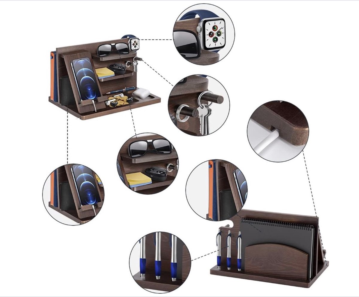 Houten dockingstation, nachtkastje Organizer Telefoon Portemonnee Horlogestandaard Sleutelhouder Tablet Tech Gadgets Oplaaddock Bureau- accessoires