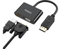 2-in-1 DisplayPort naar HDMI + VGA Adapter Kabel - 4K Ultra HD 30Hz - DP naar HDMI Converter & DP naar VGA Verloopstuk - DisplayPort naar HDMI / VGA Adapter - Monitor Adapter - Geschikt voor Laptop, PC, Beamer, Dual Monitor Setup & TV