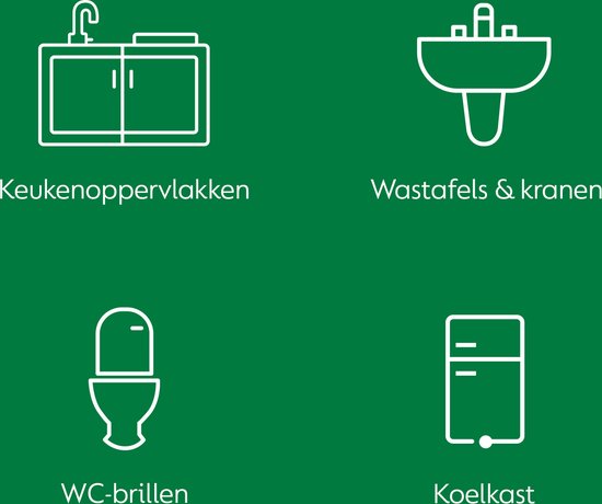 Icônes des applications du nettoyant tout usage Dettol : plans de travail de cuisine, lavabos, toilettes, réfrigérateurs.