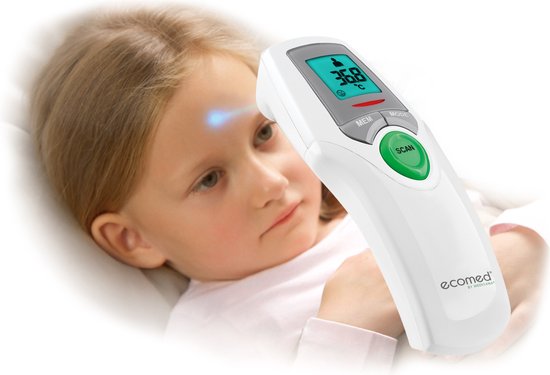 Witte Ecomed thermometer meet temperatuur bij een meisje op het voorhoofd.