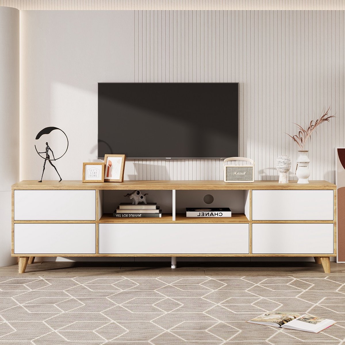 KOMHTOM Tv-meubel Modern met houtnerf in wit kleurblok Ladekast 175 cm voor woonkamer