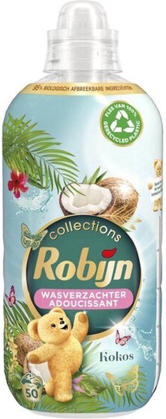 Assouplissant Robijn noix de coco pour 50 lavages. La bouteille a un imprimé tropical avec des noix de coco, des palmiers, un ours en peluche et des papillons.