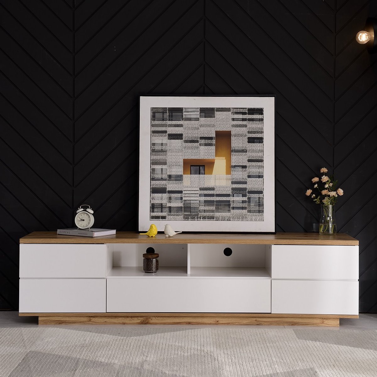 KOMHTOM Tv-meubel Modern met houtnerf in wit kleurblok 180 cm ladekast voor woonkamer
