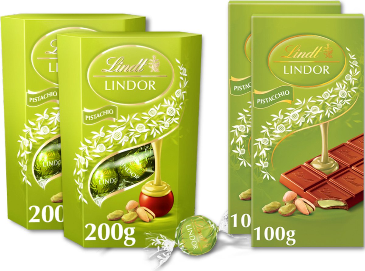 Lindt LINDOR Pistache Chocolade bundel 600 gram - Melkchocoladereep met Pistache vulling - Melkchocolade bonbons met Pistache vulling - Pistache Chocolade