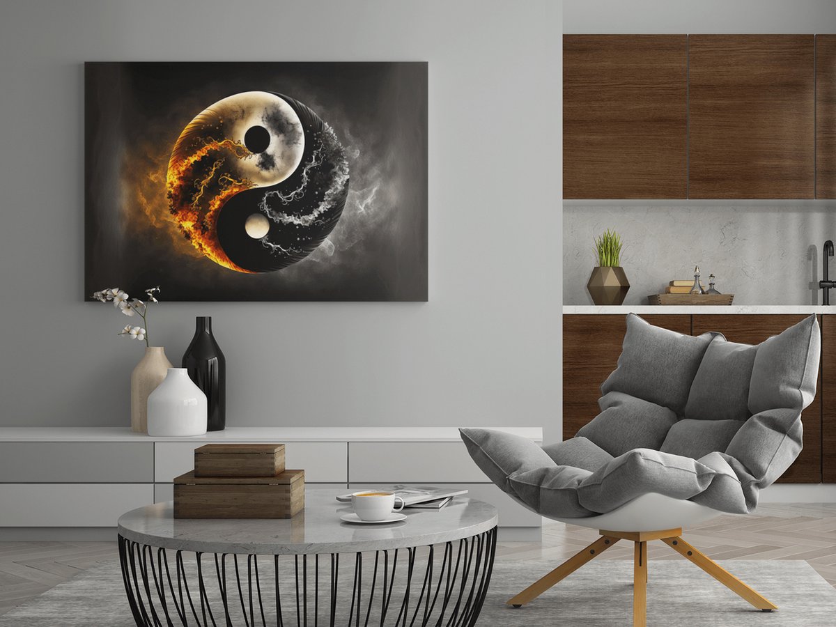 Trendex Global Canvas Schilderij - Yin en Yang - Zwart - Wit - Abstract - 90x60x2 cm
