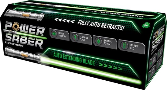 Emballage du Power Saber avec le texte 'FULLY AUTO RETRACTS!' et des images de l'arme.
