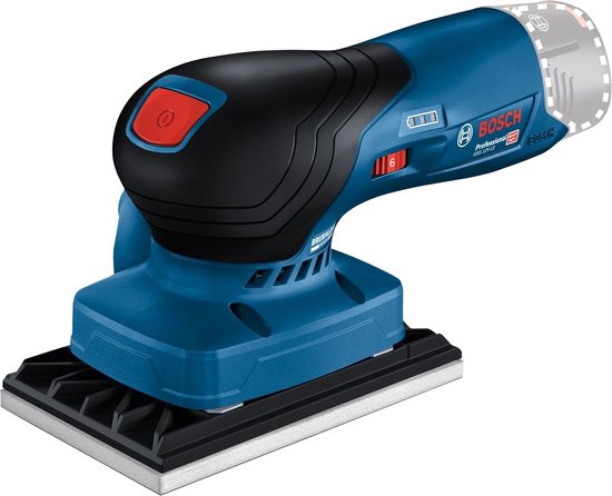 Blauwe Bosch vlakschuurmachine met zwarte grip, rode schakelaar en "BRUSHLESS" logo.