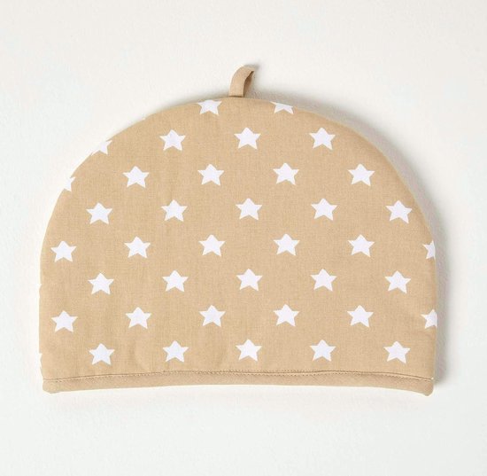 Een beige theemut met een patroon van witte sterren en een lusje.