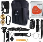 SUR5® Survival kit Basic Hoogwaardige uitrusting met o.a. Zakmes, Zaklamp, Kompas, Firestarter, Tactical pen - Kado tip - Zwart