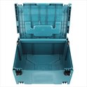 Een open turquoise Makita gereedschapskoffer, met witte 'Makita' logo's op het deksel en zwarte sluitingen.