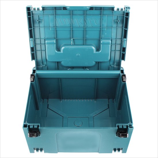 Een open turquoise Makita gereedschapskoffer, met witte 'Makita' logo's op het deksel en zwarte sluitingen.