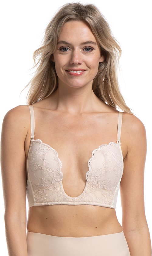 Nude kanten V-hals BH met beugel, gedragen door een model.