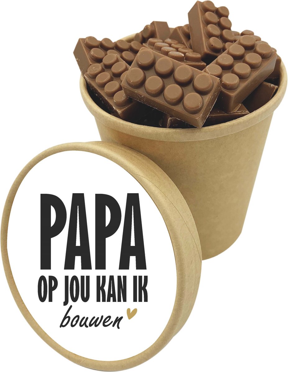 VADERDAG - Papa op jou kan ik bouwen - Chocolade Bouwsteentjes - Bio Snoepbeker XXL - Cadeau - Geschenk