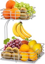 Fruitmand met 2 etages met bananenstandaard, fruitschaal, metaal, uitneembare fruitschaal, modern, decoratie, fruitmanden (zilver)