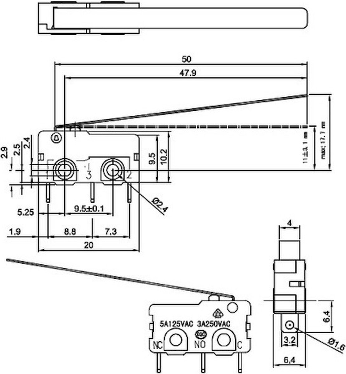 Snap-Action Switch with 50mm Lever: 3-Pin, SPDT, 5A Pololu 1403