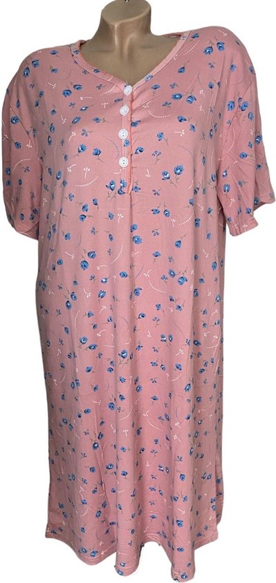 Chemise de nuit femme en coton à manches courtes XXXL 46-52 avec imprimé fleuri gris / rose